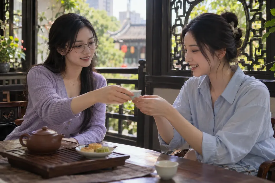 花窗旁茶点与茶友交流