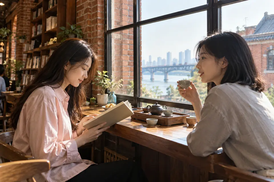 书店内年轻女性品茶与朋友交流阅读