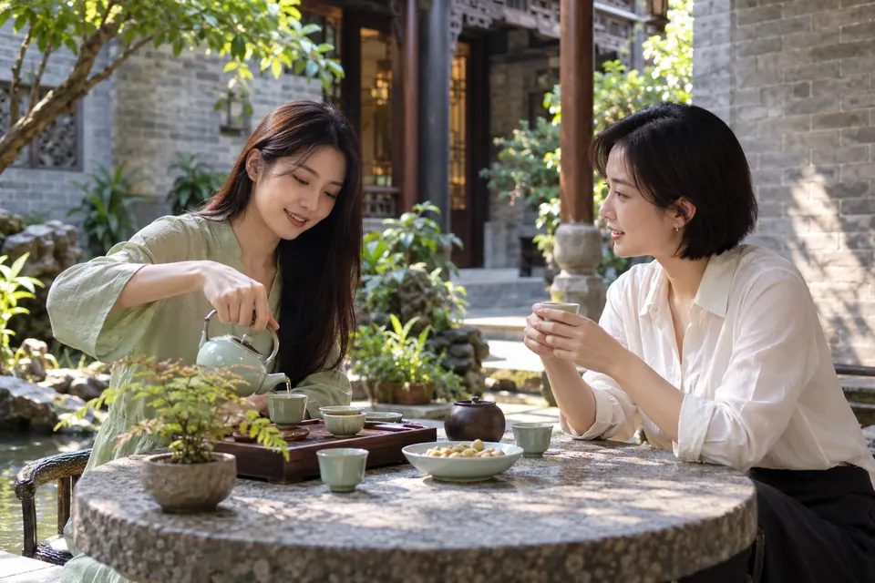岭南庭院中倒茶交流的青瓷茶具